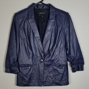 Lafayette 148 Women Leather Blazer Jacket Size 8 Navy Blue One Button Luxury